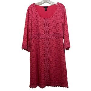 Alfani dress lace overlay pink salmon 3/4 sleeves ricrac trim Medium